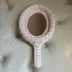 Vintage White/Cream Wicker Handheld Mirror 7” Wide x 14” Tall